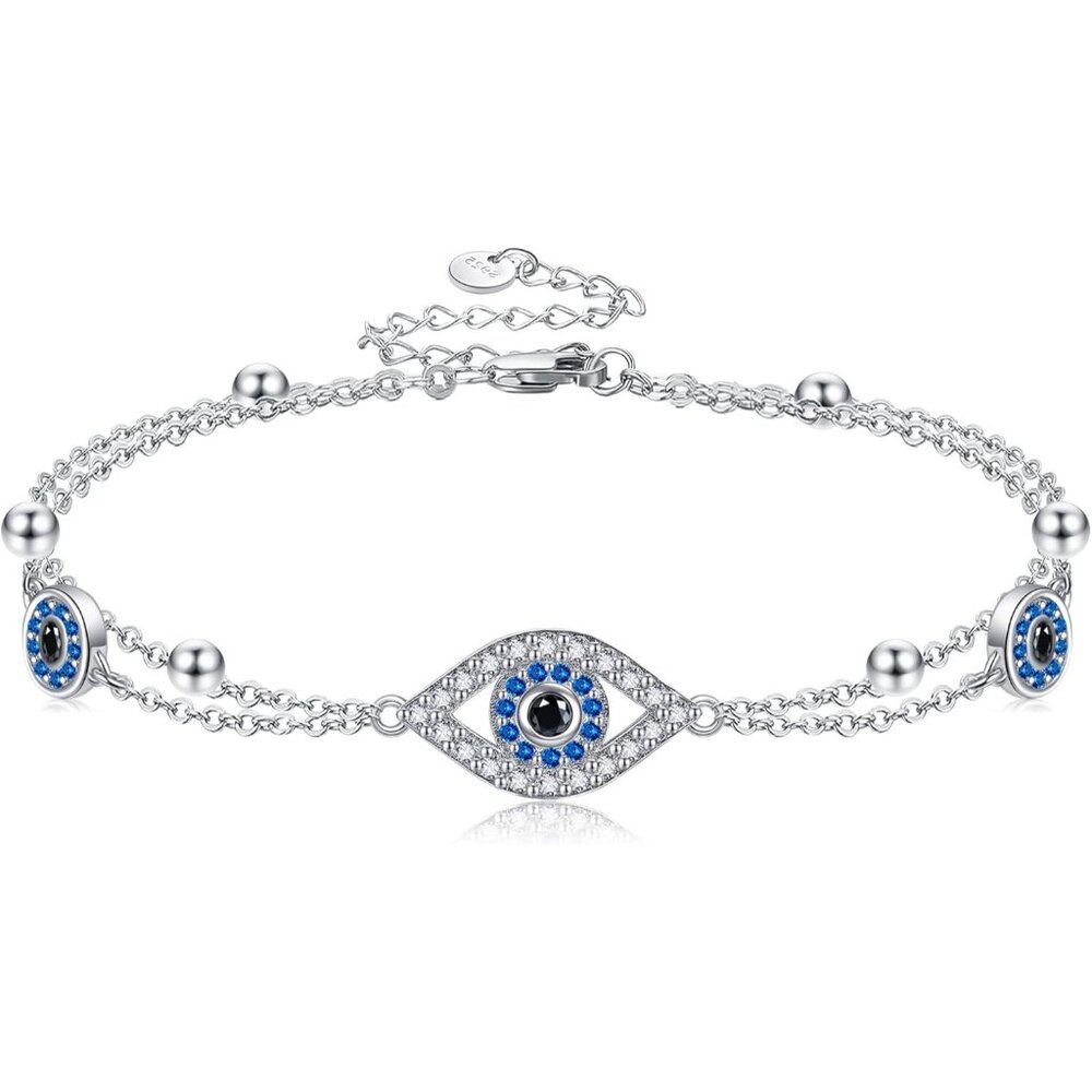 Sterling Silver Evil Eye Bracelets For Women, Good Luck & Protection, 0.78 Inch